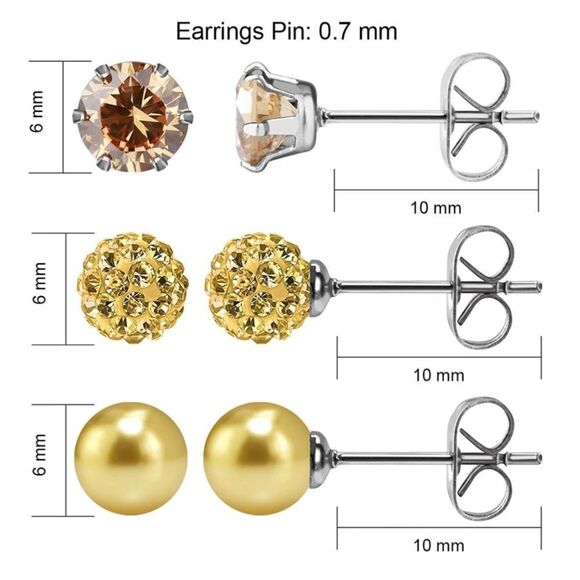 Champagne Topaz Cubic Zirconia and Pearl 316L Post Back Stud 3 Pair Earrings Set - Picture 4 of 5